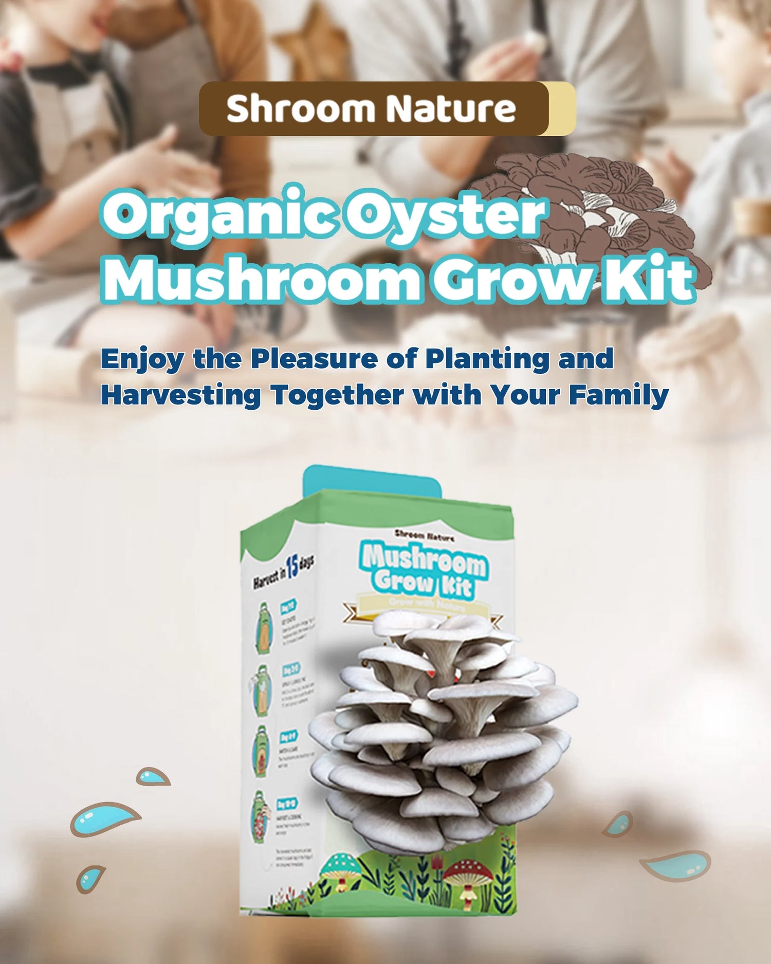 An organic oyster mushroom grow kit from Shroom Nature showing a fresh harvest, perfect for a family gardening project.